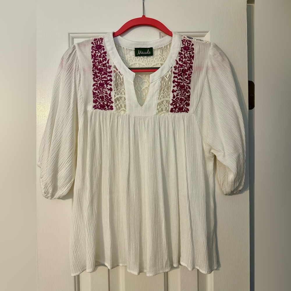 Maude White Blouse with Purple Embroidery